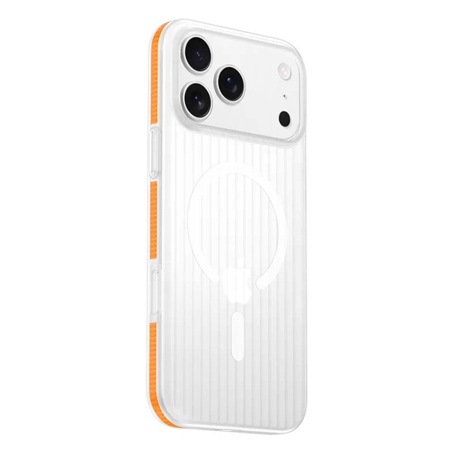 Husa telefon pentru Apple iPhone 17 Pro, Magnetic MagSafe, Slim, ultra-light, Antiderapant ondulat, Coaja dura mata, Alb transparent/Portocaliu