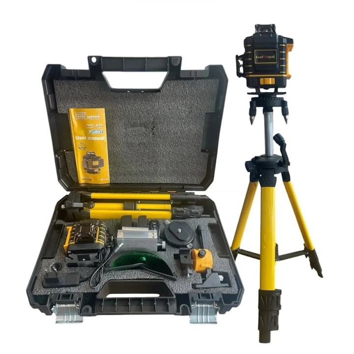 Самонивелиращ се 4D Лазерен нивелир с 16 линии KraftRoyal, Зелен лазер, Трипод, 3.6v, 6000mAh