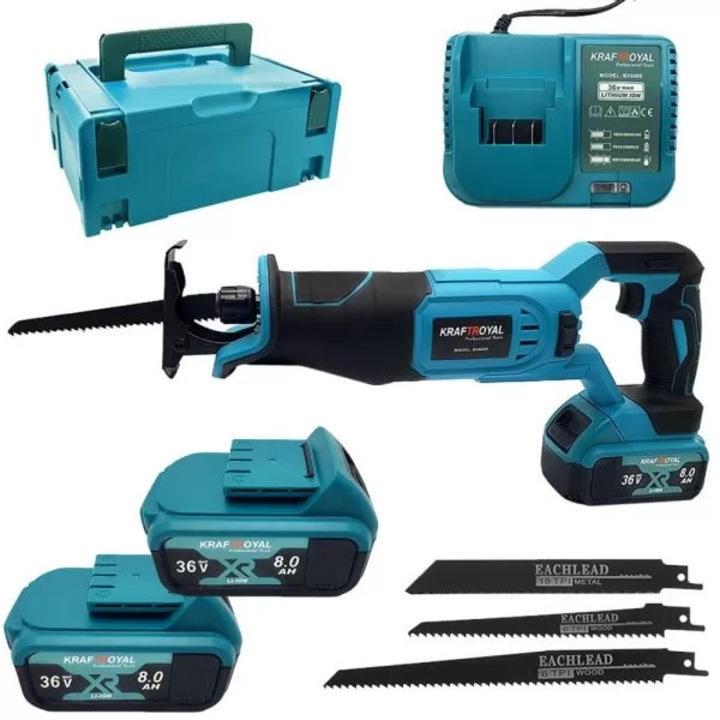 Fierăstrău sabie cu acumulator KraftRoyal 36V cu 2 baterii de 8 Ah., încărcător și cutie