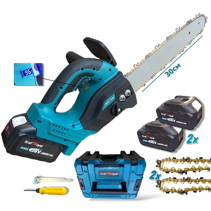 Акумулаторен верижен трион 36V 10 AH. KraftRoyal Резачка за дърва и клони. Автоматично смазване и дисплей. 30см. Шина и верига