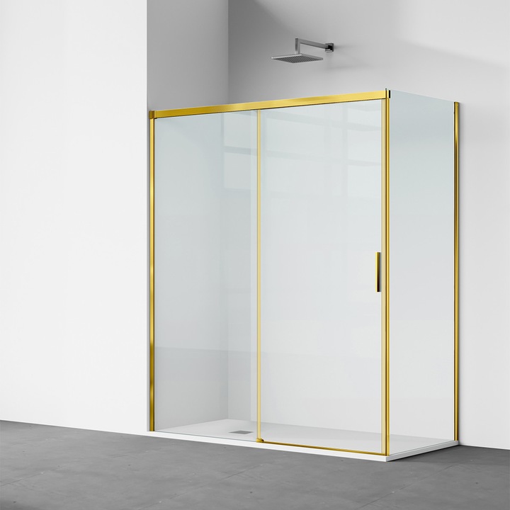 Cabina dus, perete fix si usa glisanta, sticla securizata de 6 mm, dimensiune perete si usa 90 x 170 cm, profil Auriu Mat, Hanes