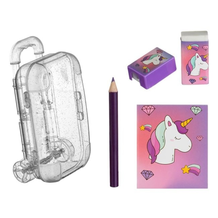 Set Scolar ANTBRO® Valiza Transparenta cu Glitter – 4 Piese: Troler Scolar cu Accesorii Rechizite, Design Modern, Ideal pentru Fete si Unisex