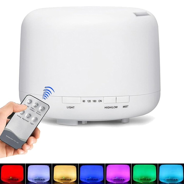 Difuzor Aromaterapie/Umidificator cu ultrasunete, ZGGZERG, 500 ml, cu telecomanda, silentios, 8 ore, LED 7 culori,14W, Ultrasunete, Anti-stres si ideal pentru relaxare, Lunga durata, pentru Casa, Birou si Masina, PP, 168*125CM, Alb