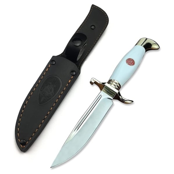 Cutit tactic de vanatoare, teaca din piele naturala, lama 440C, maner acrilic full tang, 26 cm, alb