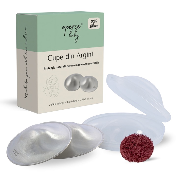 Set Cupe de Argint 925, OPERCEBABYⓇ, Avizat Medical, Fara Nichel, Protectie Mamelon, Calmare Rapida, Reduce Iritatiile, Confort Discret, 4, 5 cm Diametru, Cutie Transport & Burete incluse