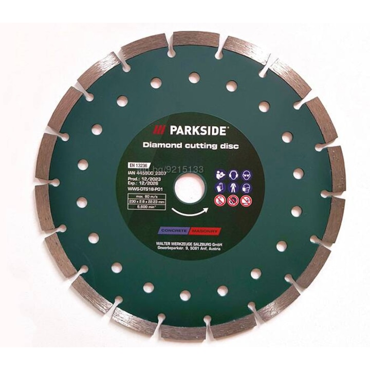 Disc diamantat de taiere PARKSIDE pentru beton, ceramica, granit, marmura, gresie, piatra, 230 mm x 2,8 mm, gaura 22,23 mm, 80 m/s