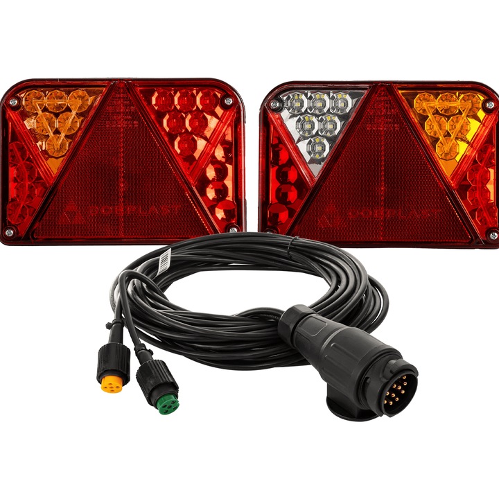 Set Lampi Spate Dobplast Dpt35 Led + Cablu Mante 7M 13-Pin, Unitrailer, Dpt35 Led, Clasa De Etanseitate Ip68, Conectori Baioneta 5-Pin, Interval De Tensiune 12-24 V, Sapte Functii De Iluminare, 200 x 135 x 54 mm, Multicolor, 1 Set