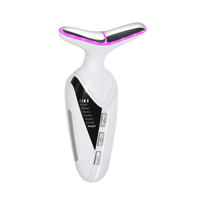 Dispozitiv pentru ingrijirea gatului, microcurent EMS, lumina in sapte culori, reglare in 3 viteze, vibratii, infuzie de esenta, incarcare USB, alb