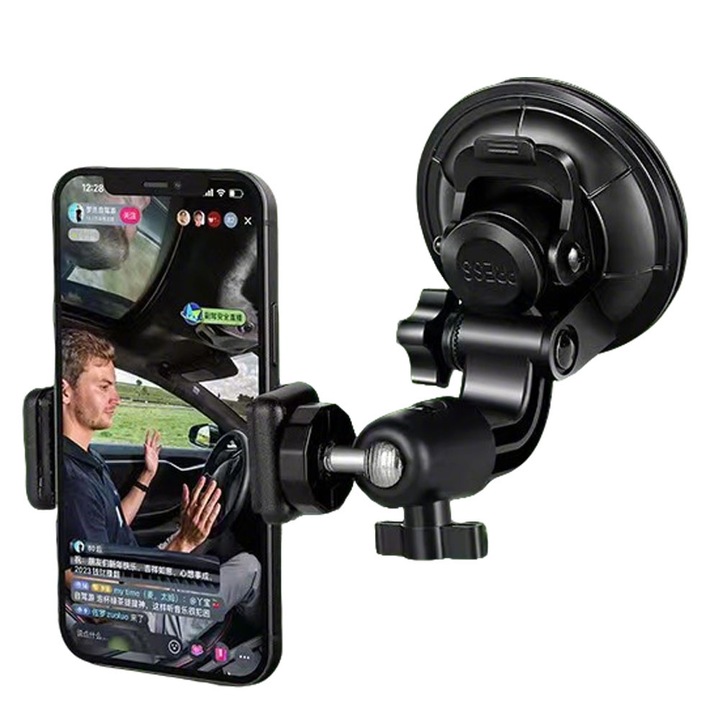 Autós telefontartó, GUIXUAN, Szélvédőre vagy műszerfalra szerelhető, 360 fokban állítható, Univerzális, Fekete