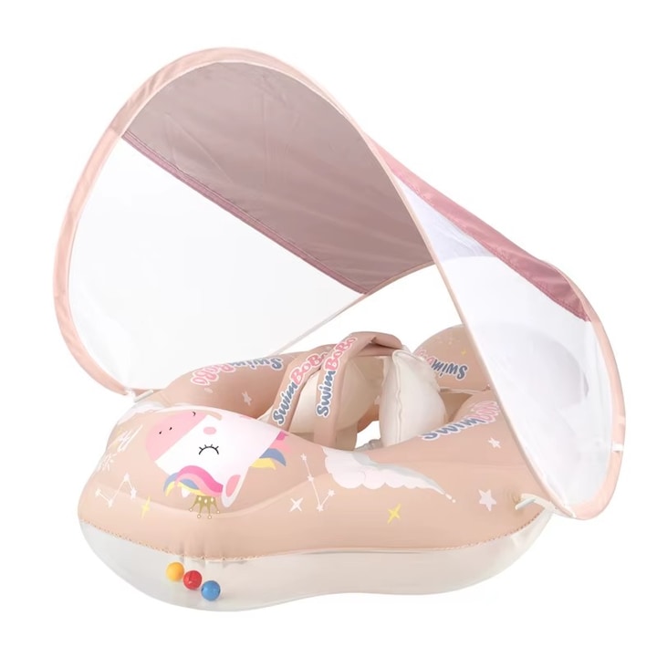 Joystos rózsaszín felfújható baba úszógumi napellenzővel – unikornis mintás, méret S, 3–12 hónapos babáknak, biztonsági övekkel és UPF 50+ napvédelemmel