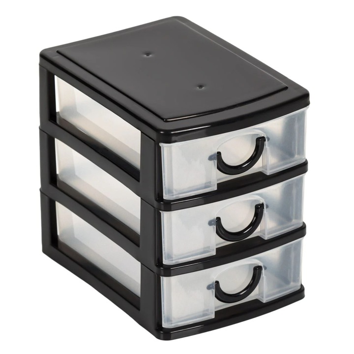 Cutie Organizatoare Neagra din Plastic cu 3 Sertare pentru Birou 11x9x13cm