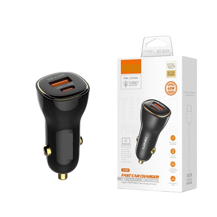 Autós töltő 60W PD QC Gyors, Kompatibilis iPhone 16/15/14/13, Samsung S25/S24, iPad, Pixel & Android (USB Type-C, 3.0, Amper)