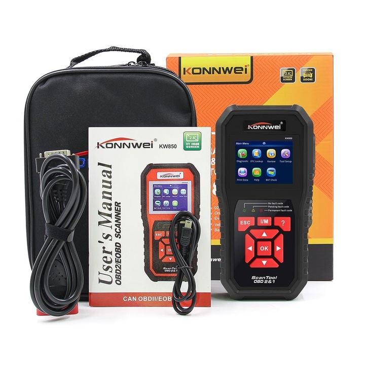 Автомобилен диагностичен тестер Konnwei KW850 OBD2, Четене и изтриване на грешки, EVAP Тест, O2 Сензор, Тест на батерия и двигател, 2.8" Цветен екран, Съвместим с множество марки