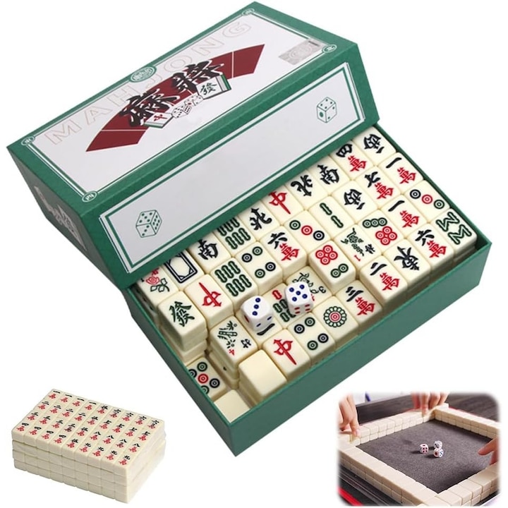 Комплект мини маджонг за пътуване, Малки размери 2 см, 144 части, Ултра-преносим в компактна кутия - 100% устойчив меламин, Ясна гравюра - Перфектен за кола, къмпинг, пикник