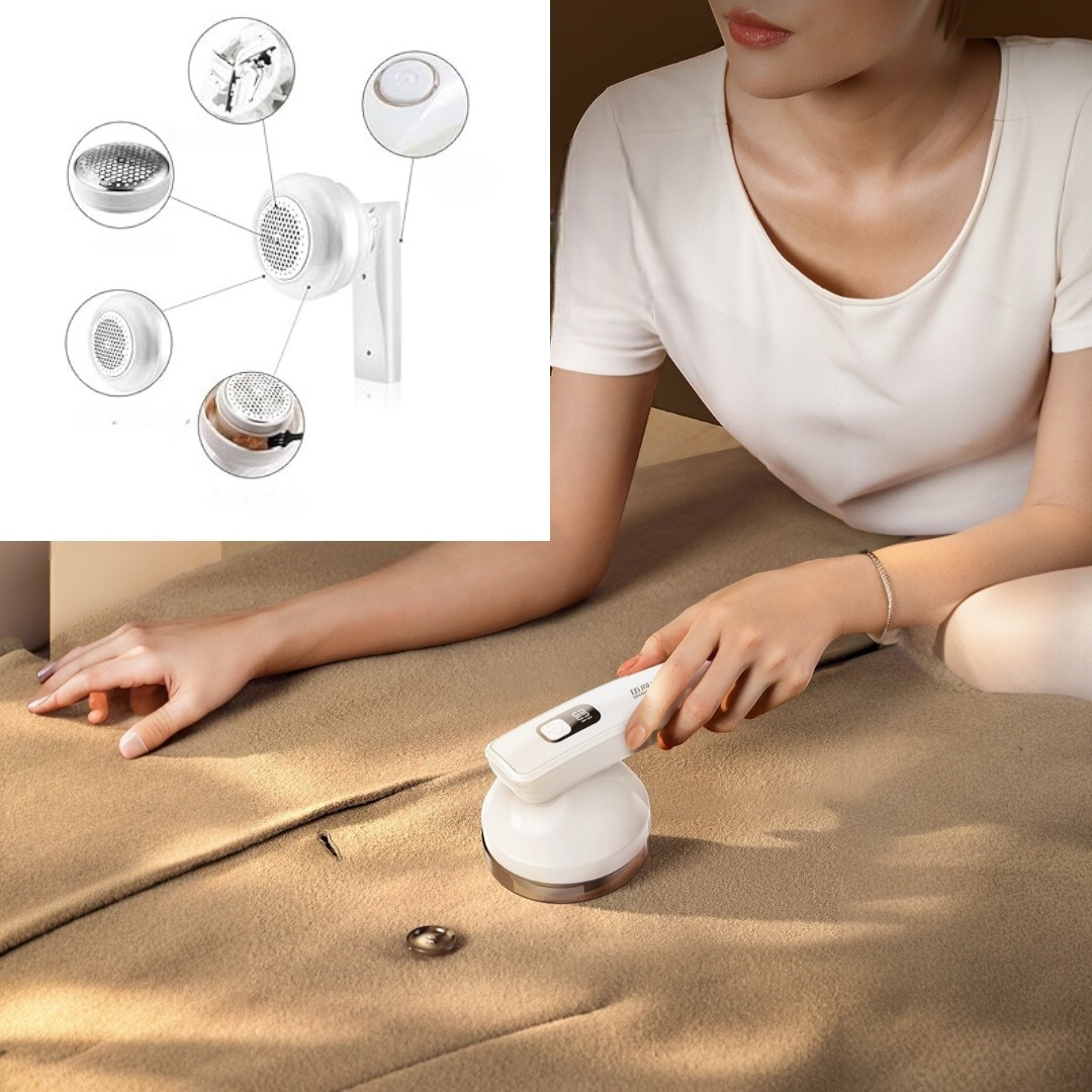 Aparat de indepartat scame, cu Timer Digital, Reincarcabil USB, Lama din Otel Inoxidabil, pentru Haine, Pulovere, Tesaturi, Design Ergonomic, cu Aspiratie, Compact si Silentios