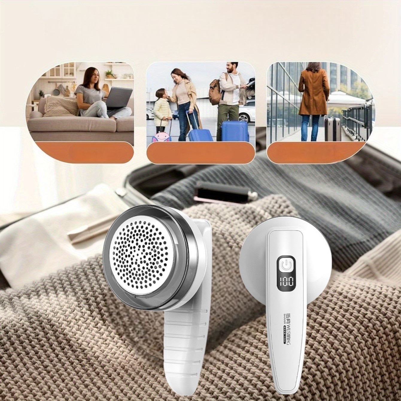 Aparat de indepartat scame, cu Timer Digital, Reincarcabil USB, Lama din Otel Inoxidabil, pentru Haine, Pulovere, Tesaturi, Design Ergonomic, cu Aspiratie, Compact si Silentios
