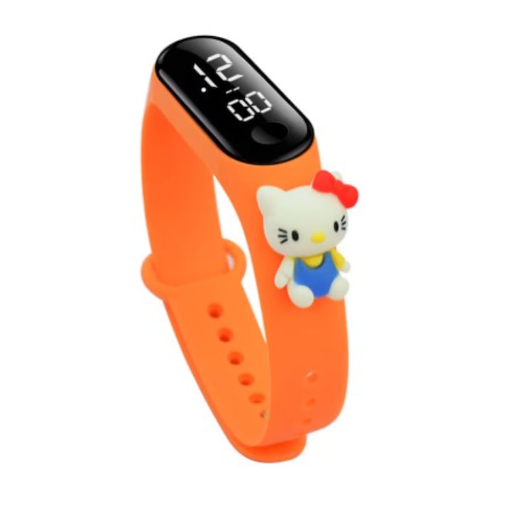 Детски дигитален часовник BeSmart, Водоустойчив, Различни анимирани герои, дисплей за час, дата и секунди, регулируема силиконова каишка, Оранжев