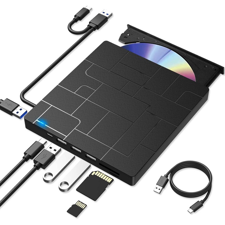 DVD Writer Extern Portabil Slim, ORBER, USB 3.0, Hub 7in1, Cititor De Carduri TF SD, Laptop/Desktop/Macbook/iMac, Windows 10/8/7/XP, Linux, Mac OS, Unitate optica externa, Negru