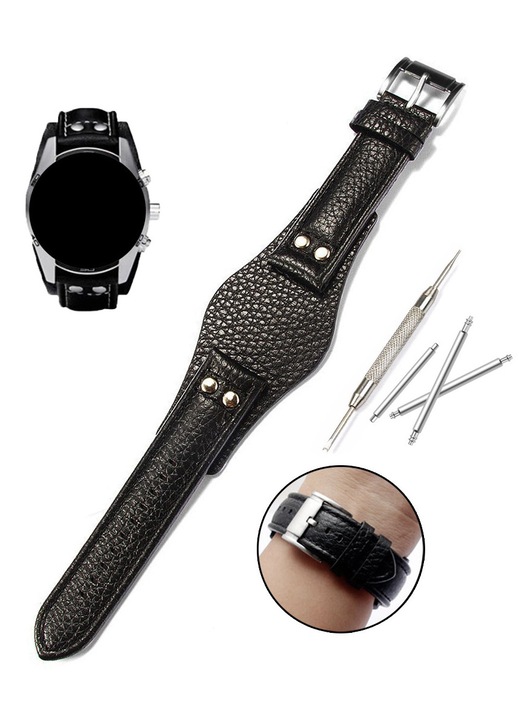 Bratara ceas, AjieQaQ, piele naturala, Curea ceas, compatibila ceas Fossil CH2891 CH2564 CH2565 CH2573 CH2574 si alte modele, Vine cu un instrument si 3 bare de arc, 22mm, negru