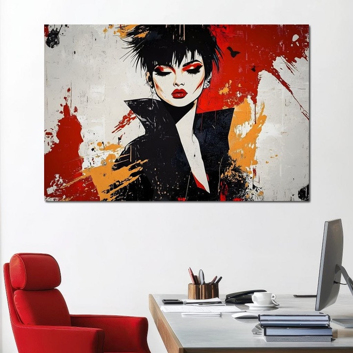 Премиум картина върху платно, LuxCanva® G1179, Glam Warrior, 100 X 150 CM, 100% памучно платно 400g/m2, дървена рамка, кралица, пънк, елегантност, стил, облекло, квартал, клуб, шоу, музика, адреналин, сенки, устни, офис, хол, спалня