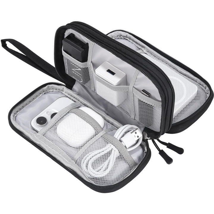 Geanta de depozitare pentru cabluri si accesorii electronice, pentru calatorie, pentru hard disk extern si incarcatoare, negru/gri
