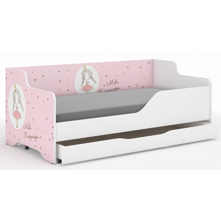 Pat copii cu saltea si sertar LILU 160 x 80 x 65 cm Printesa PAL Alb dreapta