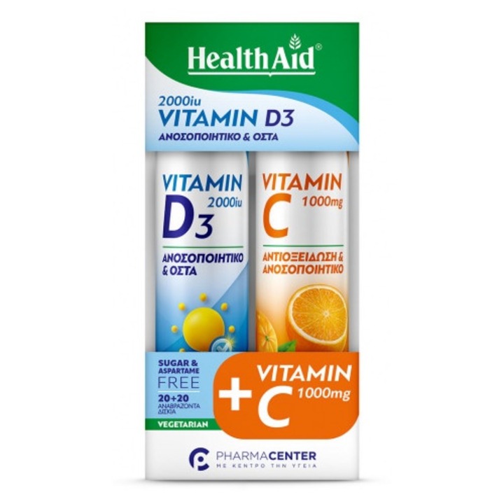 Suplimente Alimentare, Health Aid, Health Aid, Vitamina D3 2000iu, Vitamina C 1000mg, Portocala, 20 tablete efervescente fiecare