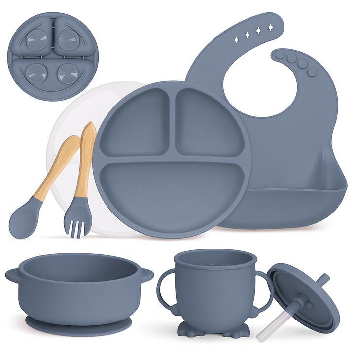 Силиконов комплект за бебешка диверсификация, Brivoo®, чинийка с вендуза, купа, прибори за хранене, чаша, светлосиньо-сив