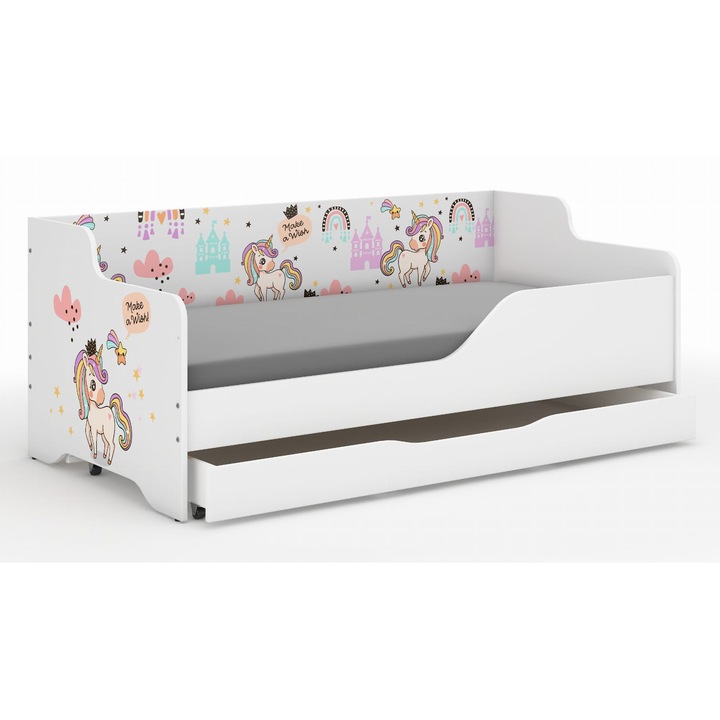Pat copii cu saltea si sertar LILU 160 x 80 x 65 cm Unicorn Curcubeu PAL Alb dreapta