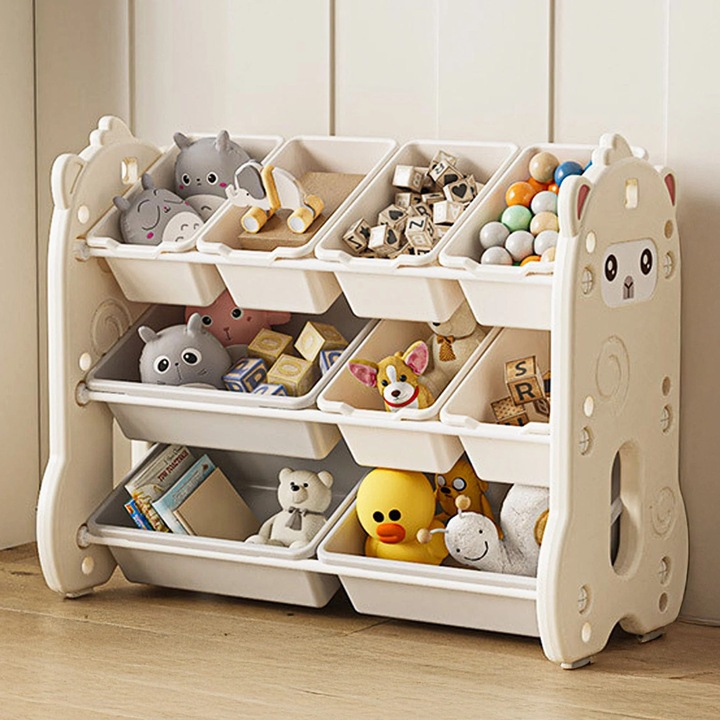 Dulap de Jucarii cu Sertare pentru Copii – Organizator Modular Tip Alpaca, Capacitate Mare, Plastic Rezistent, Design Modern cu Sertare Mari si Mici, Ideal pentru Camera Copilului, Living sau Gradinite, Bej