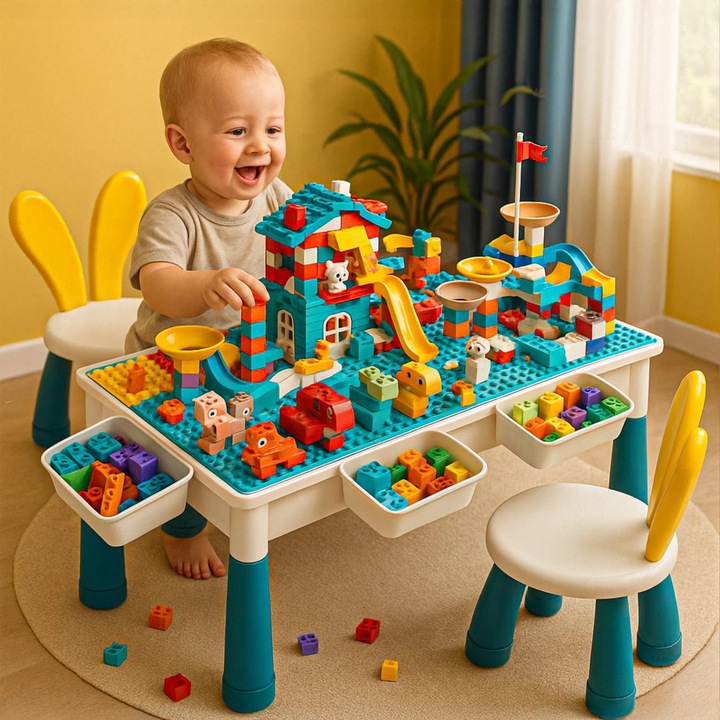 Masa Multifunctionala cu Piese Compatibile Lego Duplo – Set 61x41cm cu 276 Piese, 1 Scaun, Masa de Joaca si Invatare pentru Copii, Ideal pentru Constructii DIY, Interior sau Gradinite