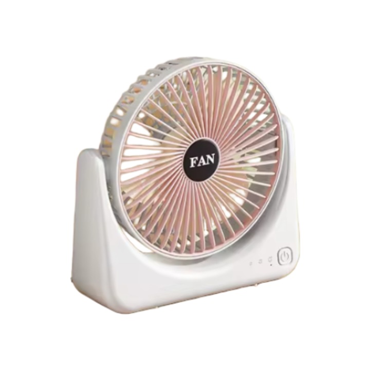 Преносим вентилатор GermaNova™, бял/розов, 19,5x19,5x7 см, USB зареждане, батерия 1200 mAh, 3 скорости, 4,5 W, компактен и универсален