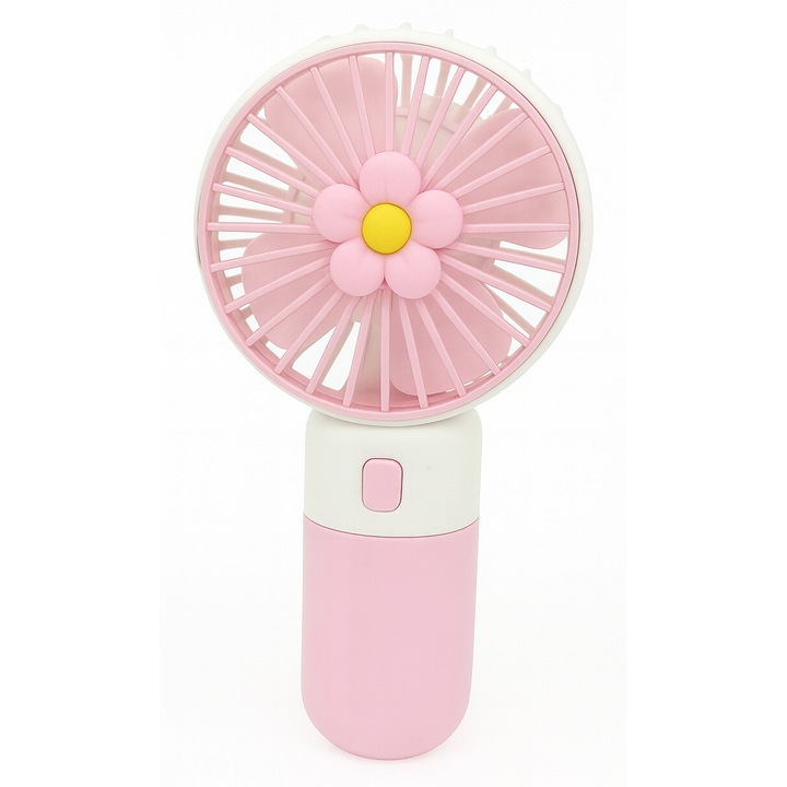 Преносим ръчен вентилатор GermaNova™ Floricica Mini, захранван от USB акумулаторна батерия, живот на батерията 2-5 часа, бутон ВКЛ./ИЗКЛ., 3 скорости, розов/бял