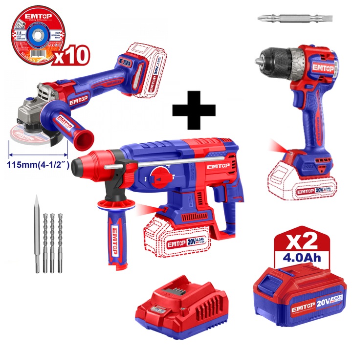 Pachet Polizor unghiular, motor fara perii (brushless), 115mm, 10 discuri incluse+Ciocan rotopercutor+Masina de gaurit si insurubat+ 2 acumulatori 4.0Ah