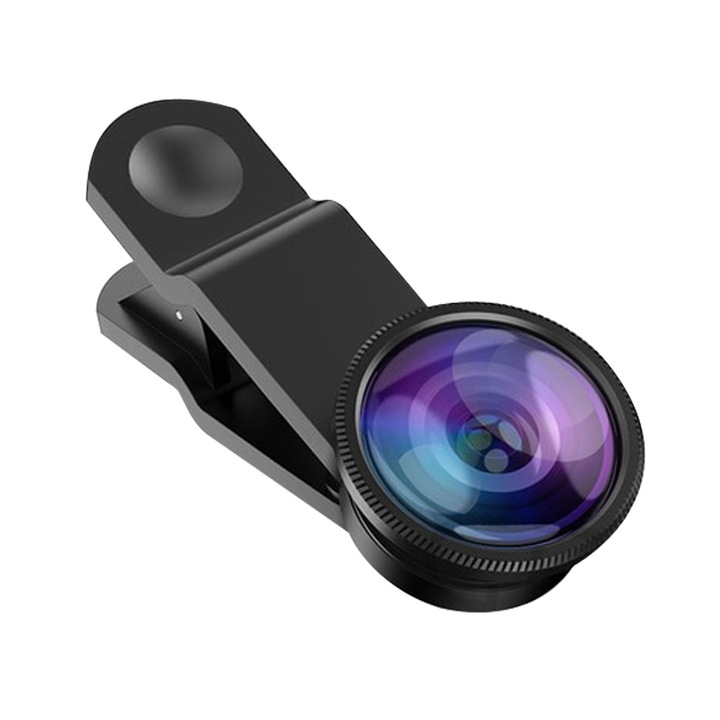 Set kit lentile foto obiectiv universal profesional 3 in 1, LRTM, Wide, Fisheye, Zoom si Macro pentru telefon si tableta - model negru