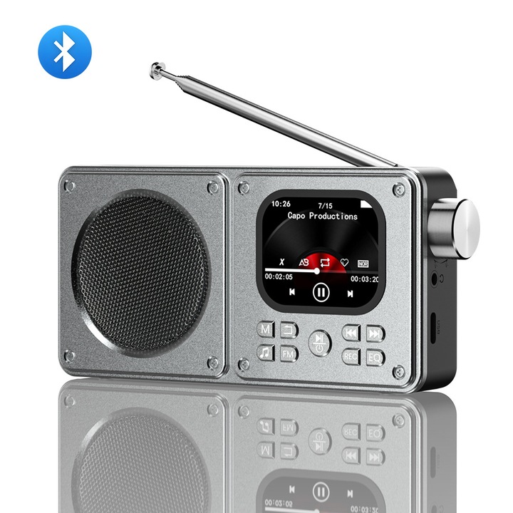 Player MP3 portabil, ORBER, Difuzor portabil Bluetooth, Ecran 2-inch, Bluetooth 5.4, Cu card de memorie 16G, Radio FM, Inregistrare, Reportofon, 1500mAh, gri