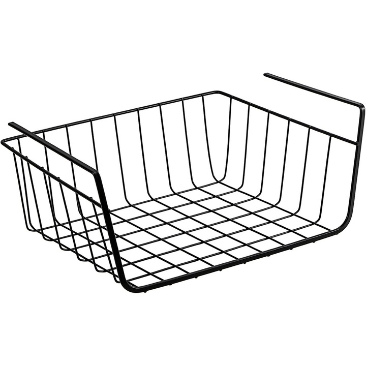 Caravaan függeszthető rendszerező kosár, Polc alá rögzíthető, Fúrás nélkül, Ideális konyhába vagy fürdőszobába, Korróziógátló, Fém, 37x24x11cm, Fekete