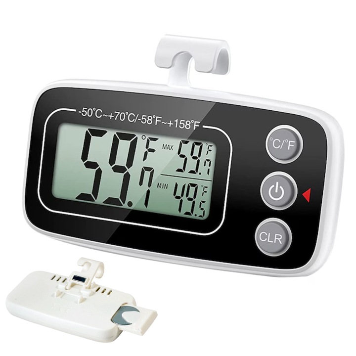 Termometru Digital pentru Frigider, Congelator sau Casa, cu Ecran LCD, Prindere Magnetica si Agatare, Masurare -50°C pana la +70°C, Functie Memorie, Buton ON/OFF, Afisaj Celsius / Fahrenheit
