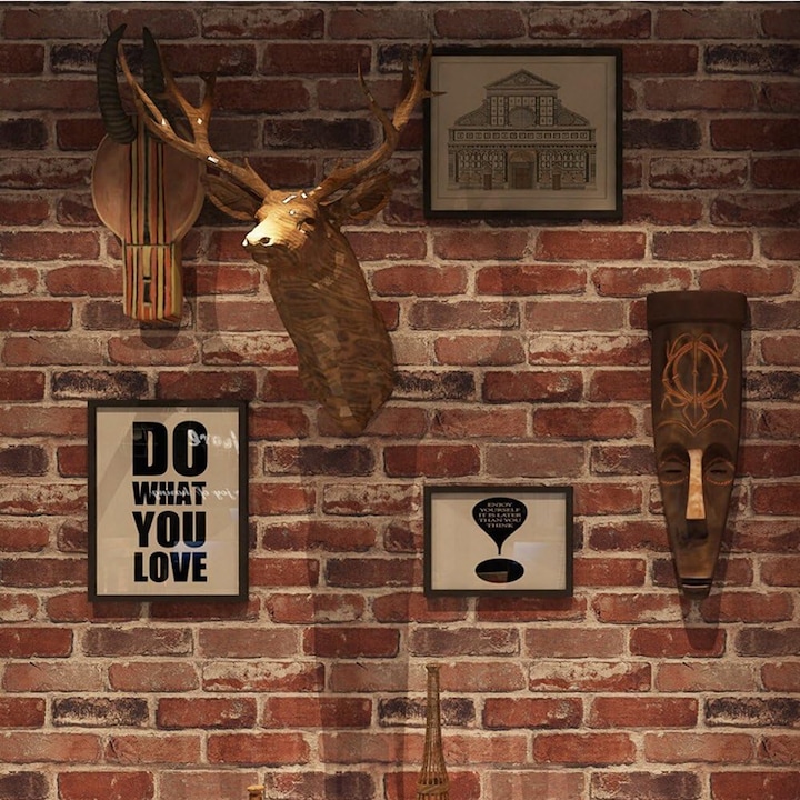 Tapet din PVC, aspect caramida, rustic, rezistent la apa, usor de montat, pentru pereti, 53 x 950 cm, necesita aplicare adeziv, rosu caramiziu