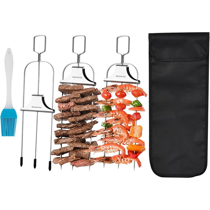 Set 3 frigarui din otel inoxidabil, fiecare frigaruie cu 3 tepuse, pensula de uns, husa de protectie, mecanism de scoatere carne de pe tepuse, pentru gratar, reutilizabile