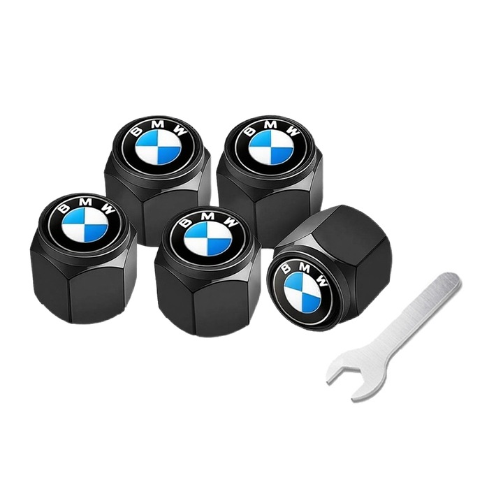 Капачки за вентили за автомобили, Caravaan®, с лого на BMW, с монтажен ключ, шестоъгълни, метални, 1.2x1.1см, 5 броя, черни