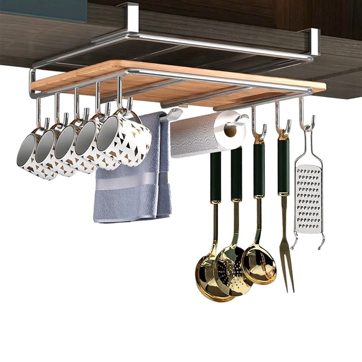 Organizator multifunctional montat sub raft, Caravaan®, Pentru bucatarie si dormitor, Loc pentru tocator, Cu carlige de agatat, Fara gaurire, Inox, 26.8x258x13.3cm, Argintiu