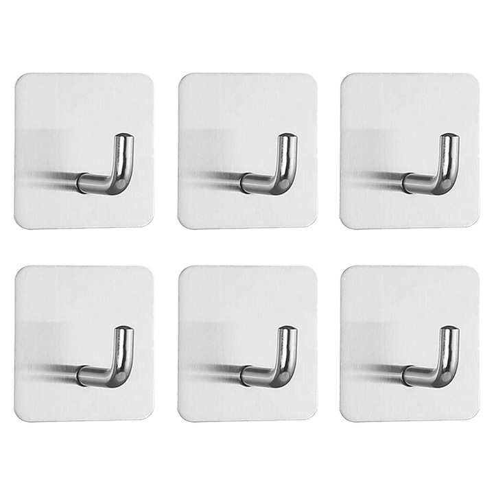 Carlige tip cuier baie pentru prosop, Caravaan®, Sarcina portanta 3-5kg, Rezistenta la apa, Nu se estompeaza, Anti rugina, Otel inoxidabil, 4.5x4.5cm, 6 set, Argintiu