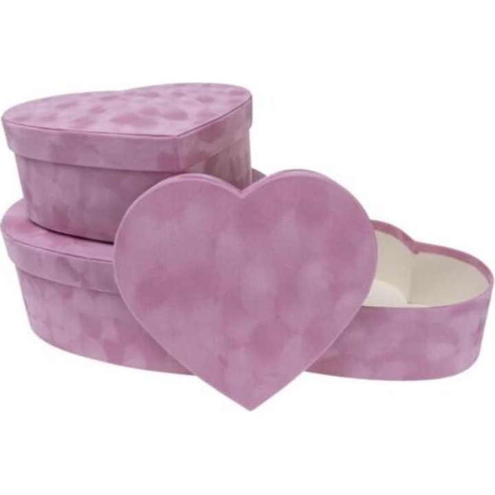 Комплект от 3 флорални кутии, Розет, кадифе, сърце, розово