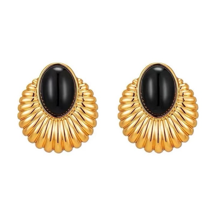 Cercei vintage cu onix negru, placare aur 14K sau argint, pin S925, 2×2 cm, hipoalergenic