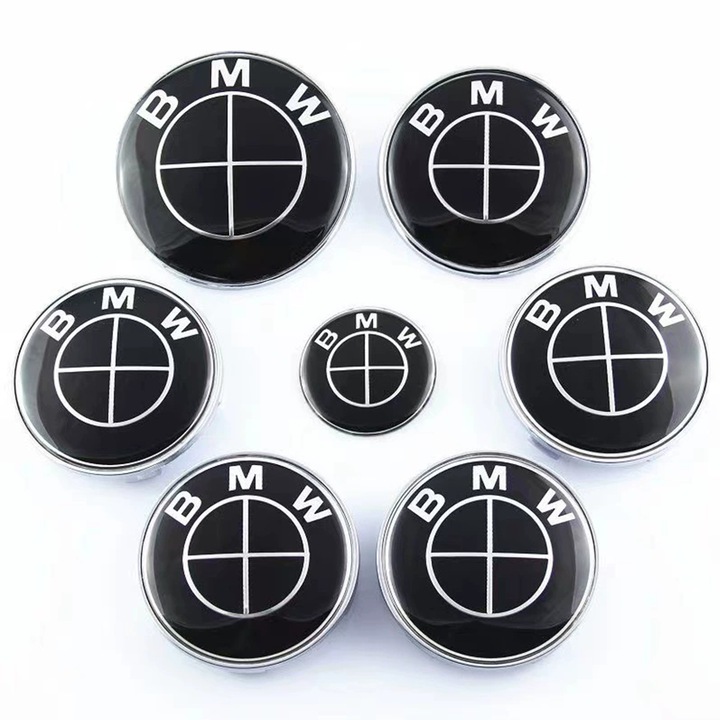 Emblema BMW, Caravaan®, Capota/portbagaj 82 mm, Capace jante 68mm, Sigla volan 44 mm, Pentru BMW 1/3/5/7 Series/X1 /X3/X5/X6/ E60/F10/F12, Durabil si fara decolorare, ABS, 7 buc, Negru