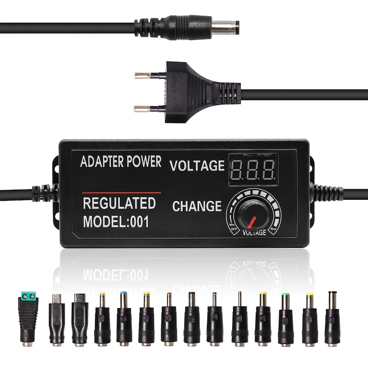 Alimentator Universal Reglabil, Afisaj Digital de Voltaj si 14 Conectori, Begleri, 3-24V 3A 72W, Display Tensiune Digital, Negru