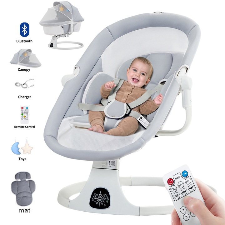 Електрическа люлка за бебета, люлка и спално помещение за бебета 2 в 1, MOSMAOO®, 3 степени на люлеене, музикална, Bluetooth връзка, 3 режима на таймер, дистанционно управление, плюшени играчки, с подвижен покрив и защитна мрежа, сива