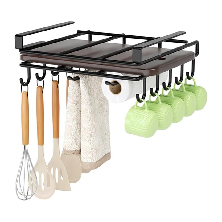 Organizator multifunctional montat sub raft, Caravaan®, Pentru bucatarie si dormitor, Loc pentru tocator, Cu carlige de agatat, Fara gaurire, Inox, 26.8x258x13.3cm, Negru
