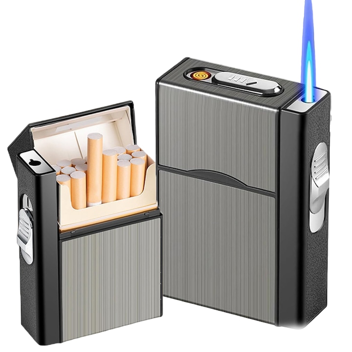 Bricheta Electrica, Cu Carcasa Pachet Tigari, Suness, Doua moduri de aprindere, Antivant, Capacitate 20 tigarete, reincarcabila, usoara si portabila, Reincarcabila USB, Metal, Un cadou elegant pentru toti fumatorii, Negru